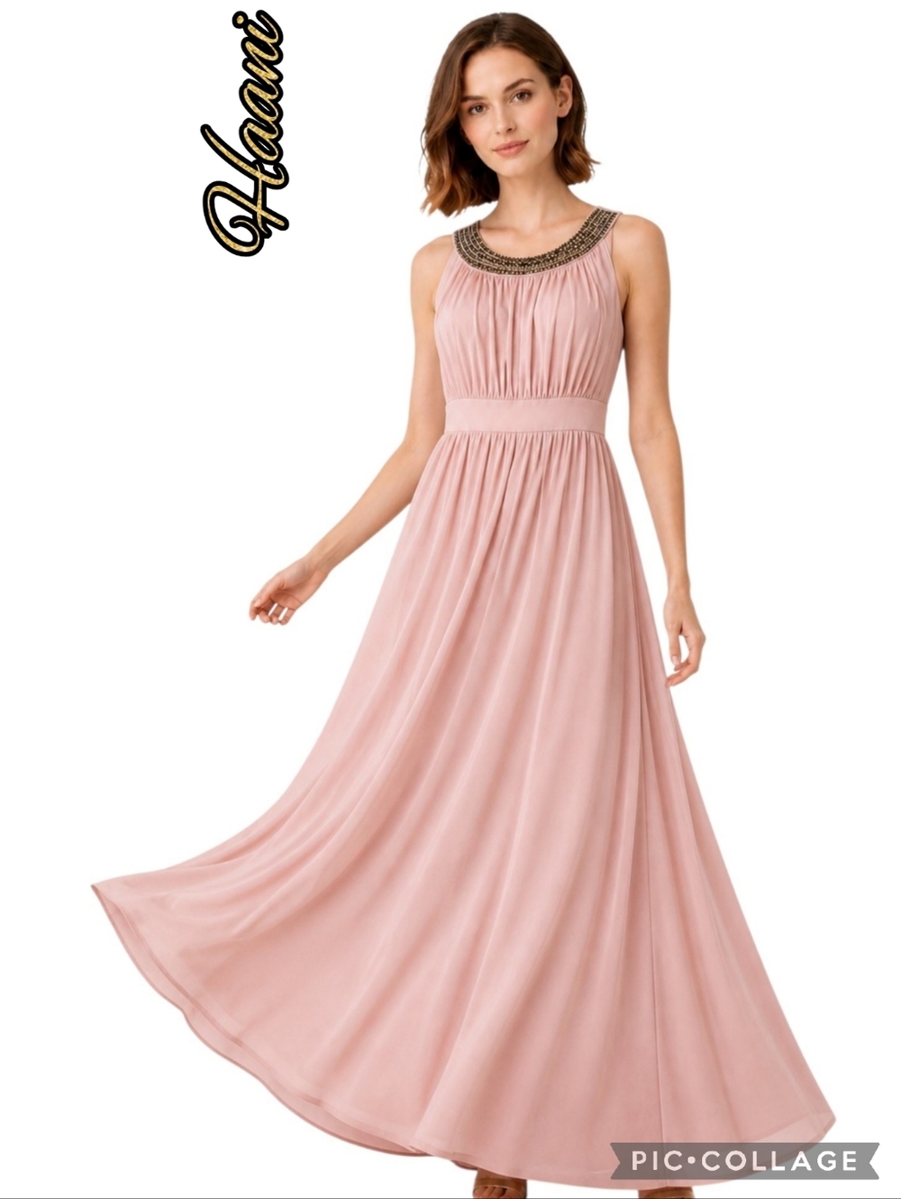 Haani maxi gown in dusty embellished scoop neck in silver beading